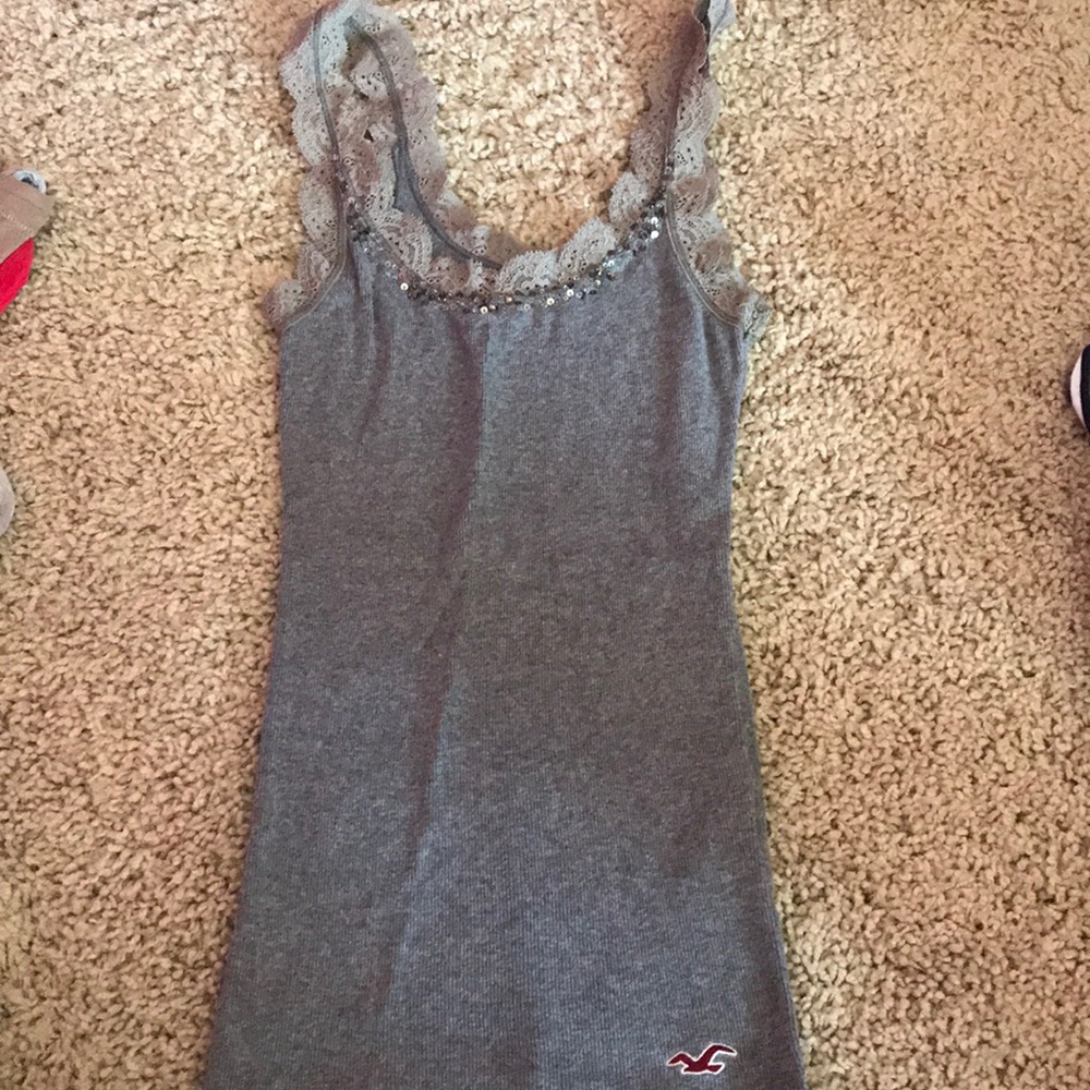 Gray tank top with beads and lace on top